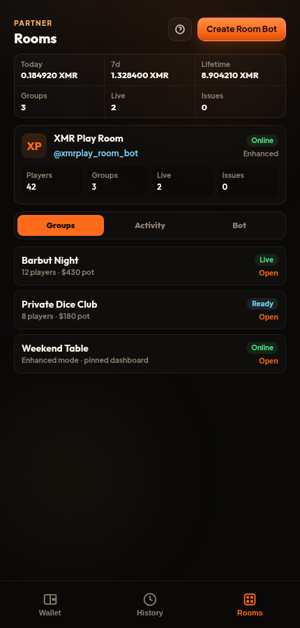 XMR Play partner rooms screen inside Telegram